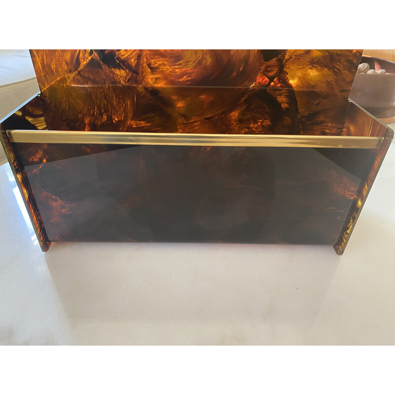 Vintage magazine rack in tortoise shell lucite and brass by Maison Mercier, 1970