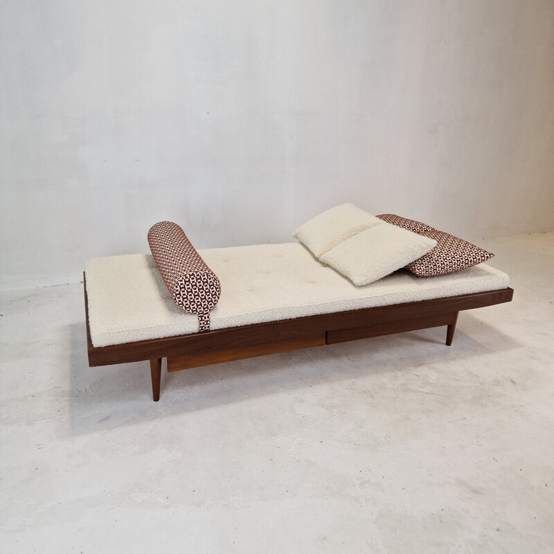 Cama de dia de teca Vintage com almofadas Hermes e bolster, Holanda, anos 60