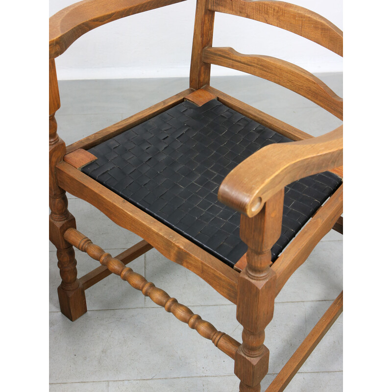 Ensemble de 4 fauteuils vintage en bois de chêne avec similicuir rayé