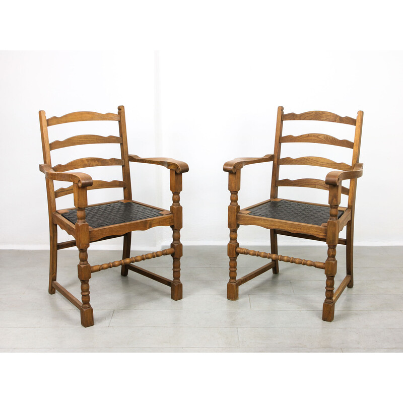 Set of 4 vintage oakwood armchairs with striped leatherette