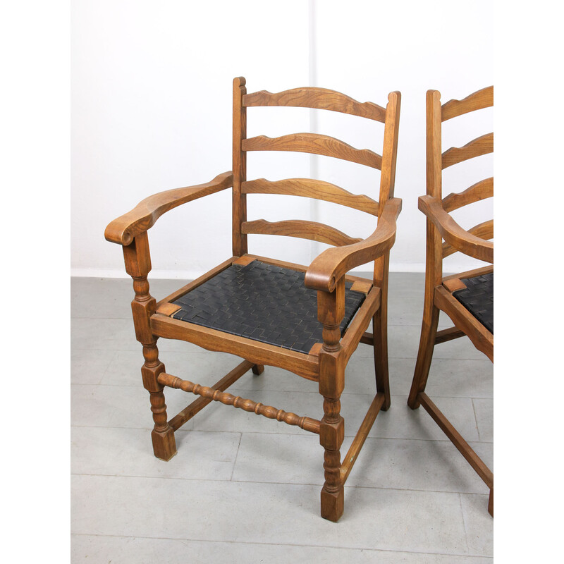 Ensemble de 4 fauteuils vintage en bois de chêne avec similicuir rayé