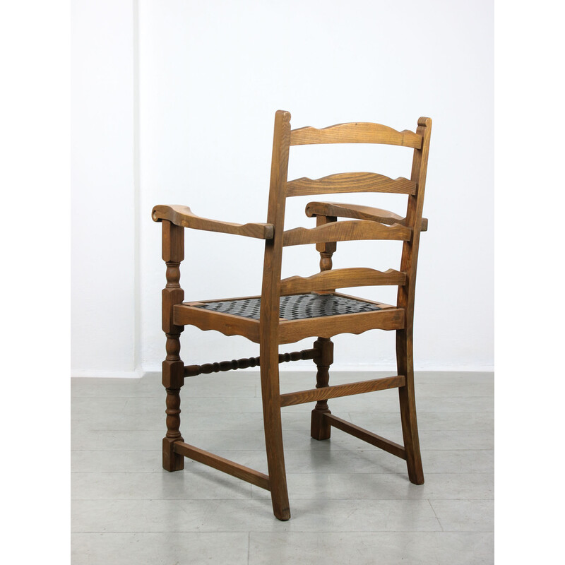 Ensemble de 4 fauteuils vintage en bois de chêne avec similicuir rayé