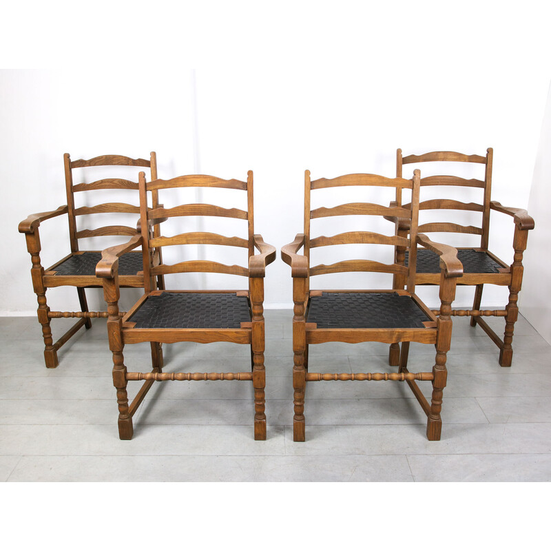 Set of 4 vintage oakwood armchairs with striped leatherette