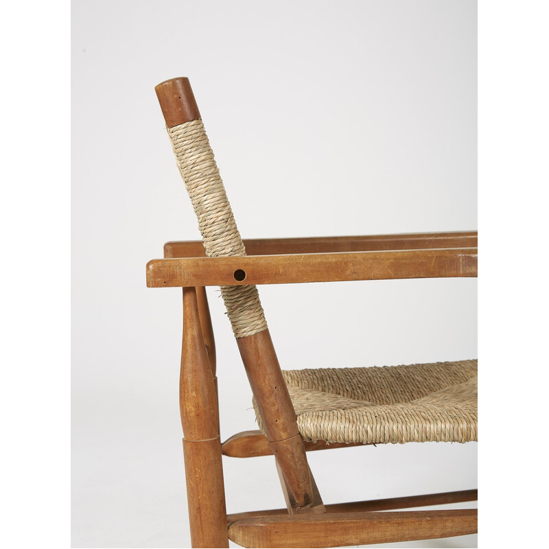 Vintage straw armchair by Pierre Jeanneret, 1940