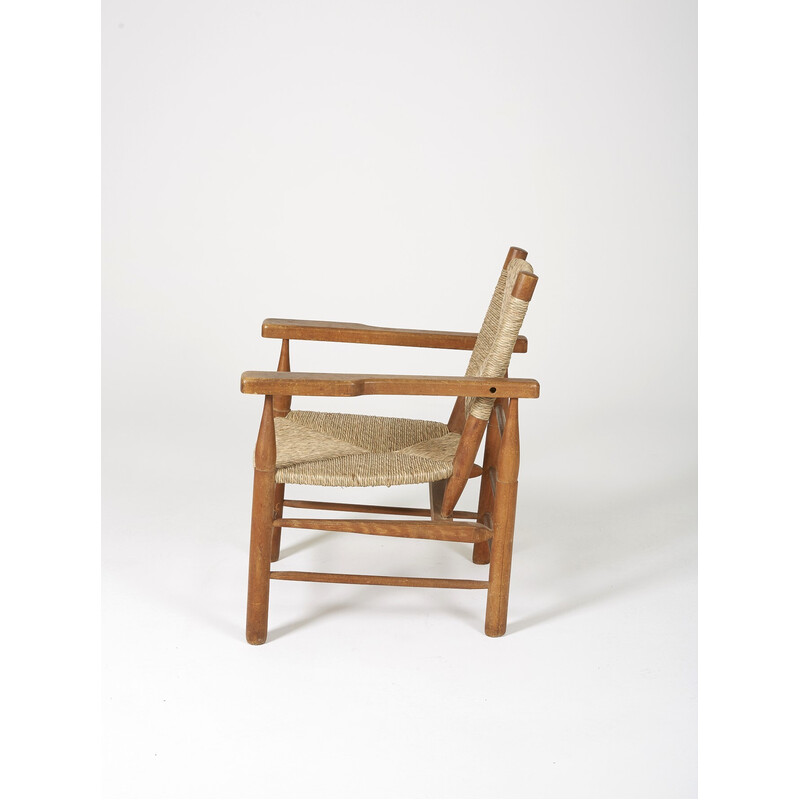 Vintage strooien fauteuil van Pierre Jeanneret, 1940
