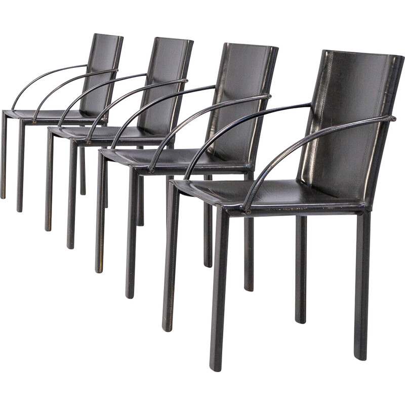 Ensemble de 4 chaises vintage en cuir noir par Carlo Bartoli pour Matteo Grassi