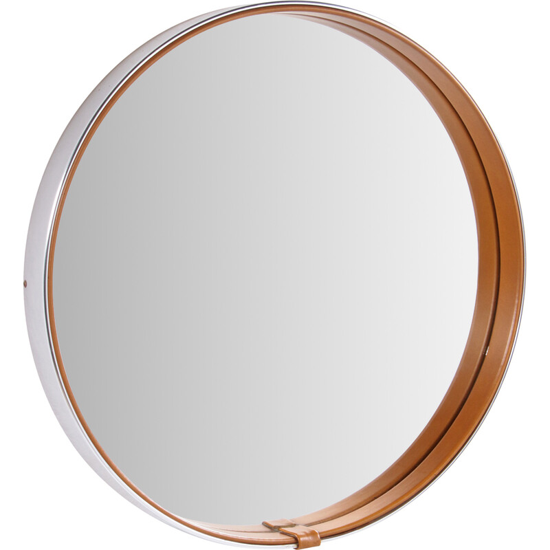 Miroir rond vintage recouvert - cuir