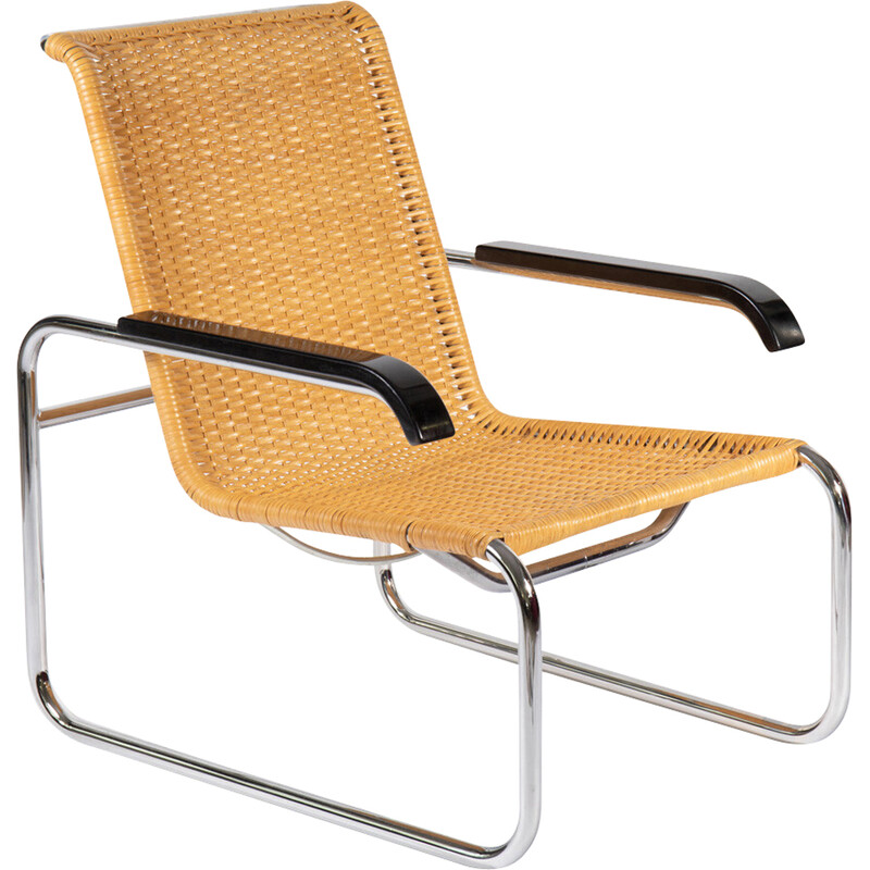 Vintage Bauhaus armchair with rattan weave