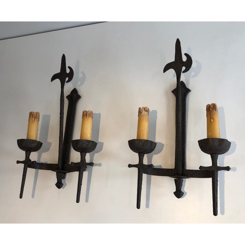 Set of 12 vintage wrought iron wall lamps, 1940