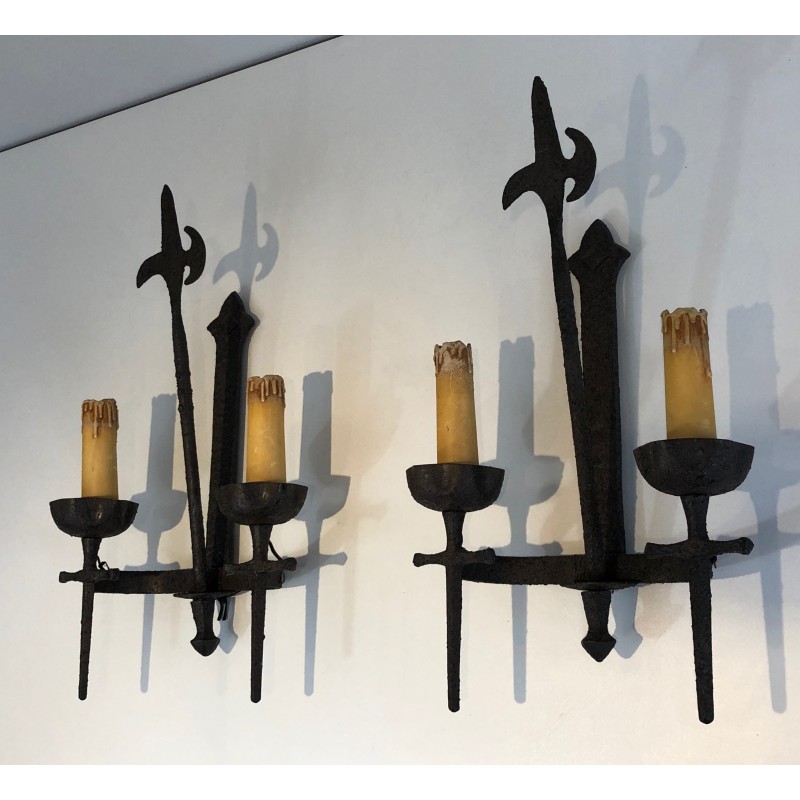 Set of 12 vintage wrought iron wall lamps, 1940