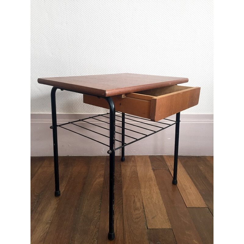 Table de chevet en bois et métal avec tiroir - 1960