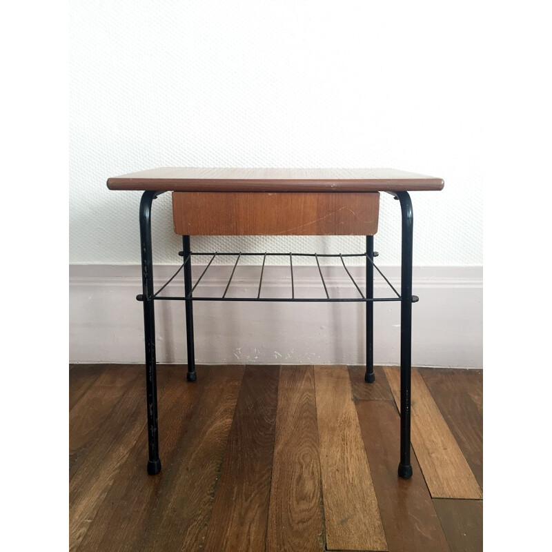 Bedside table in metal and wood with drawer - 1960s