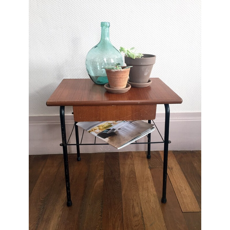 Bedside table in metal and wood with drawer - 1960s