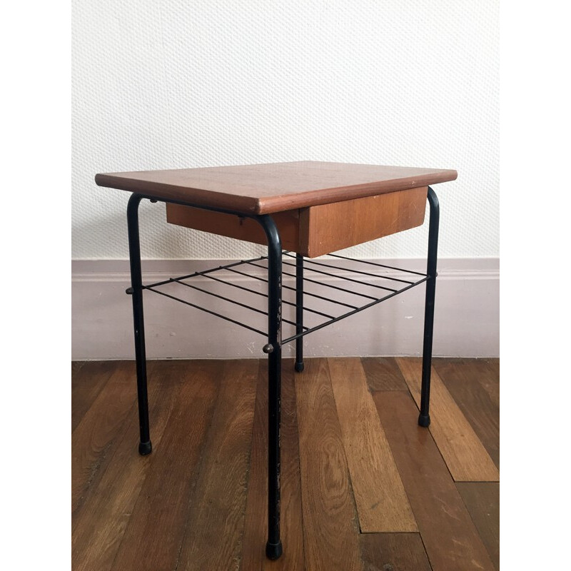 Bedside table in metal and wood with drawer - 1960s