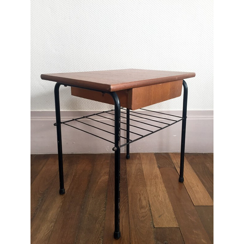 Table de chevet en bois et métal avec tiroir - 1960