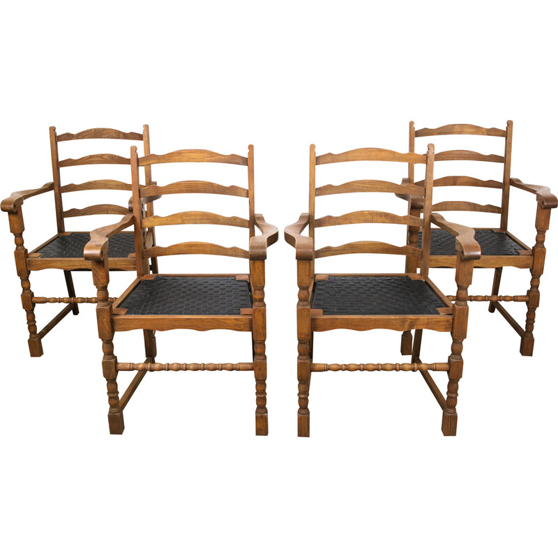 Ensemble de 4 fauteuils vintage en bois de chêne avec similicuir rayé