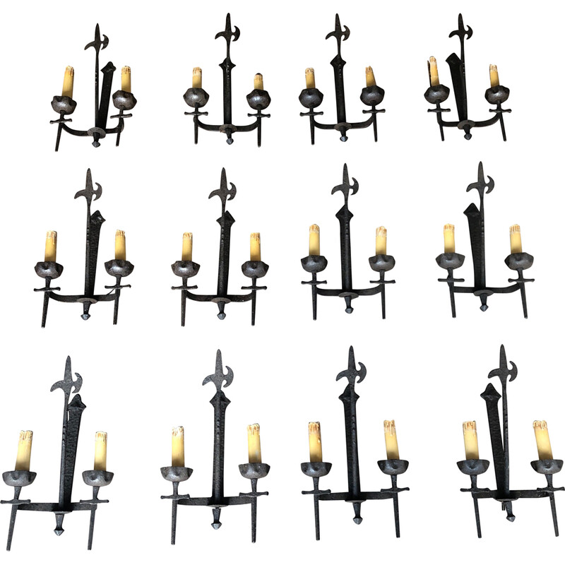 Set of 12 vintage wrought iron wall lamps, 1940