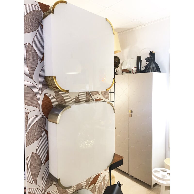 Vintage ceiling lamp model 2067 in white opaline glass and metal by Jean Perzel