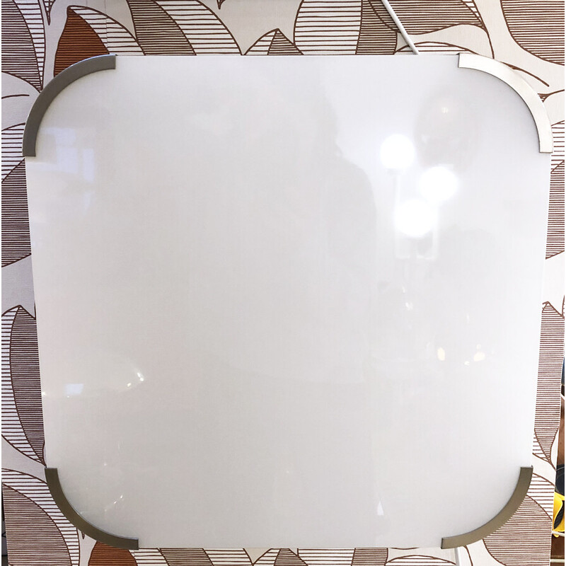 Lampada da soffitto vintage modello 2067 in vetro opalino bianco e metallo di Jean Perzel