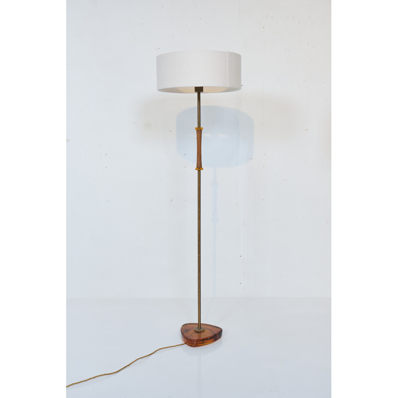 Vintage glass and brass floor lamp by Carl Fagerlund for Orrefors, Sweden 1960