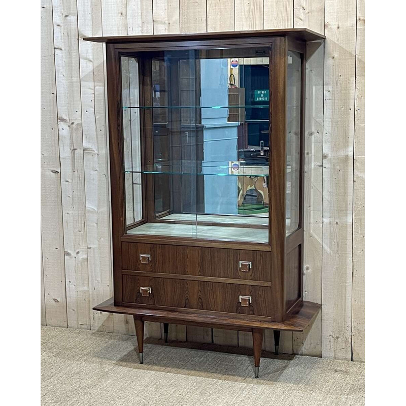 Vintage rosewood and mahogany display cabinet with leather handles, 1960