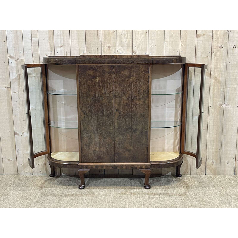 Vintage English burr walnut 4 door display cabinet, 1930