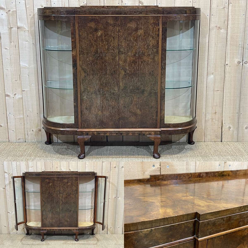 Vintage English burr walnut 4 door display cabinet, 1930