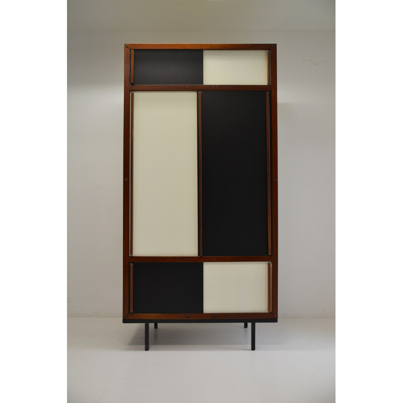 Armoire vintage en acajou et laque blanche et noir par André Sornay, 1950