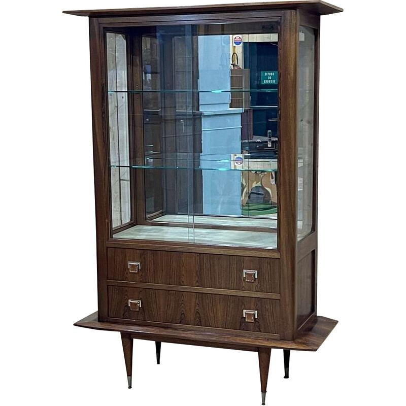 Vintage rosewood and mahogany display cabinet with leather handles, 1960