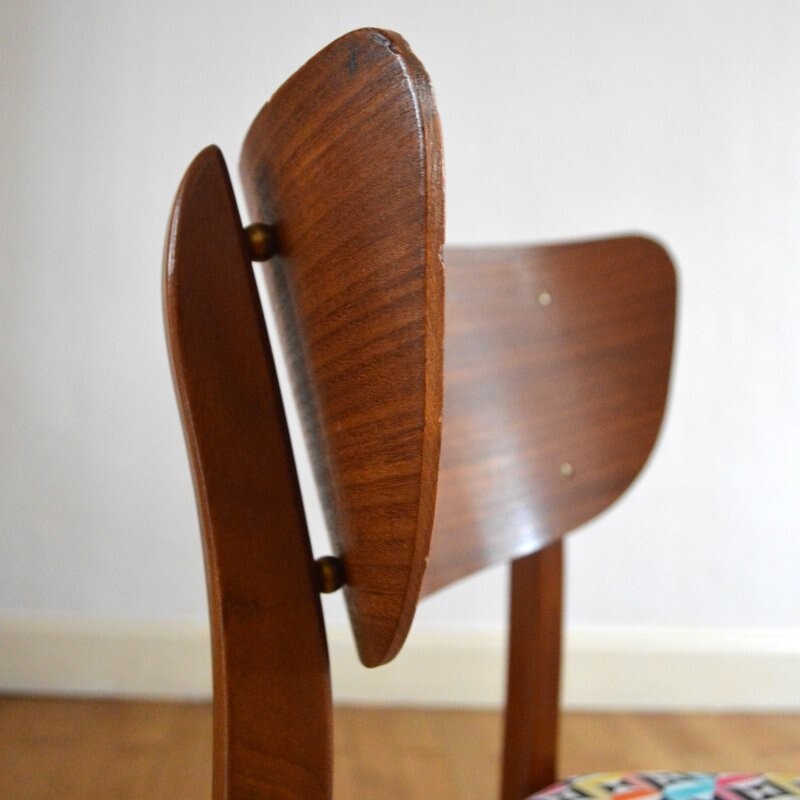 Chaise vintage en bois avec siège en tissu multicolore - 1950 