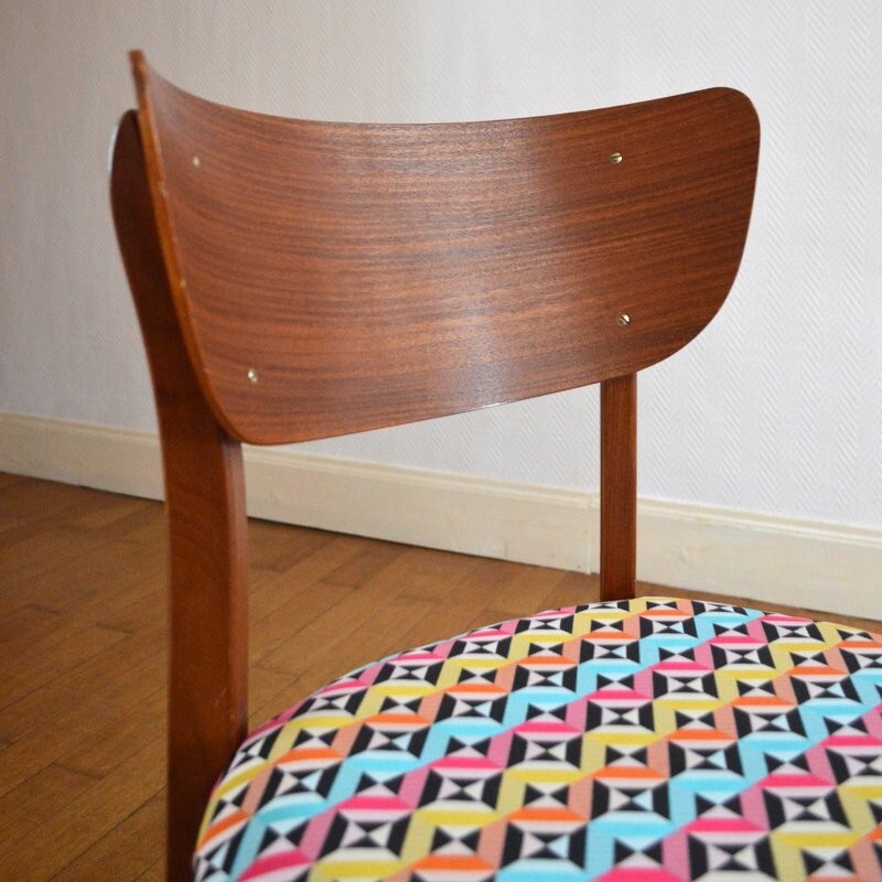 Chaise vintage en bois avec siège en tissu multicolore - 1950 