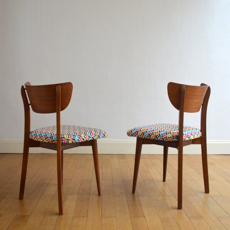 Chaise vintage en bois avec siège en tissu multicolore - 1950 