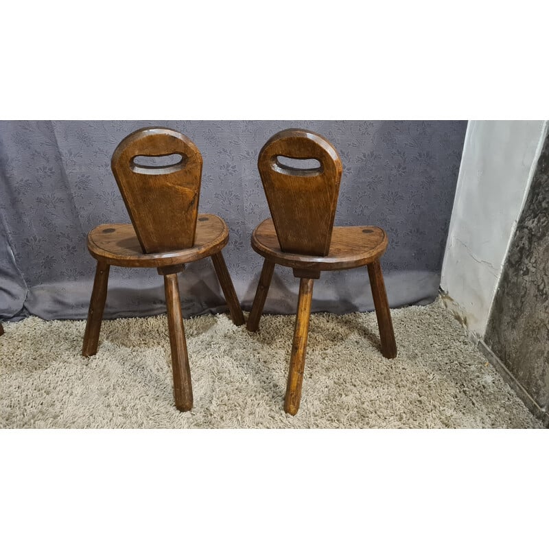 Paire de chaises brutaliste vintage tripode en chêne massif