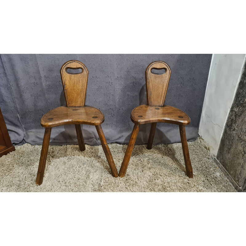 Pair of brutalistic vintage tripod chairs in solid oakwood
