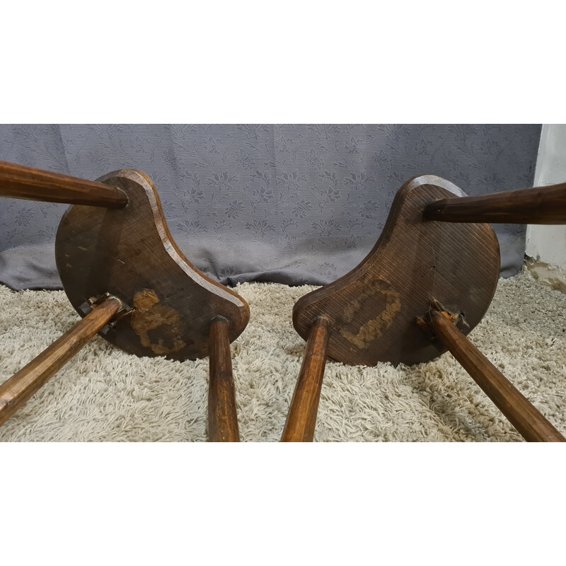 Pair of brutalistic vintage tripod chairs in solid oakwood
