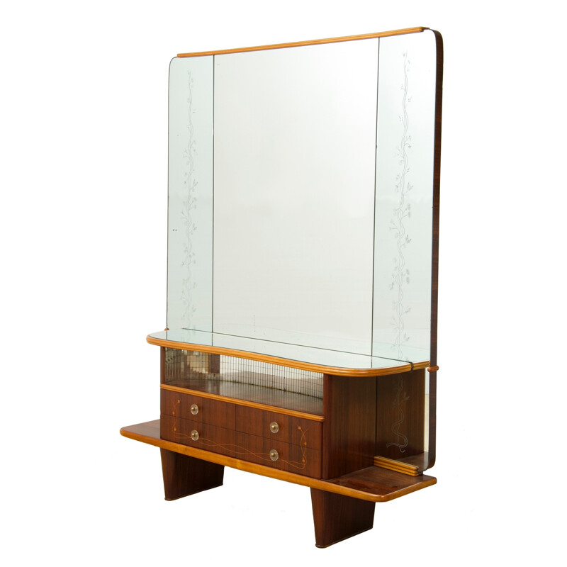 Italian walnut dressing table with floral decoration, Mario Bellini - 1960s
