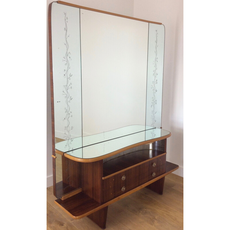 Italian walnut dressing table with floral decoration, Mario Bellini - 1960s