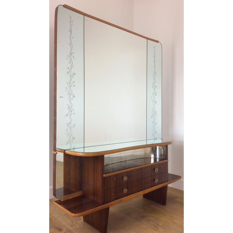 Italian walnut dressing table with floral decoration, Mario Bellini - 1960s