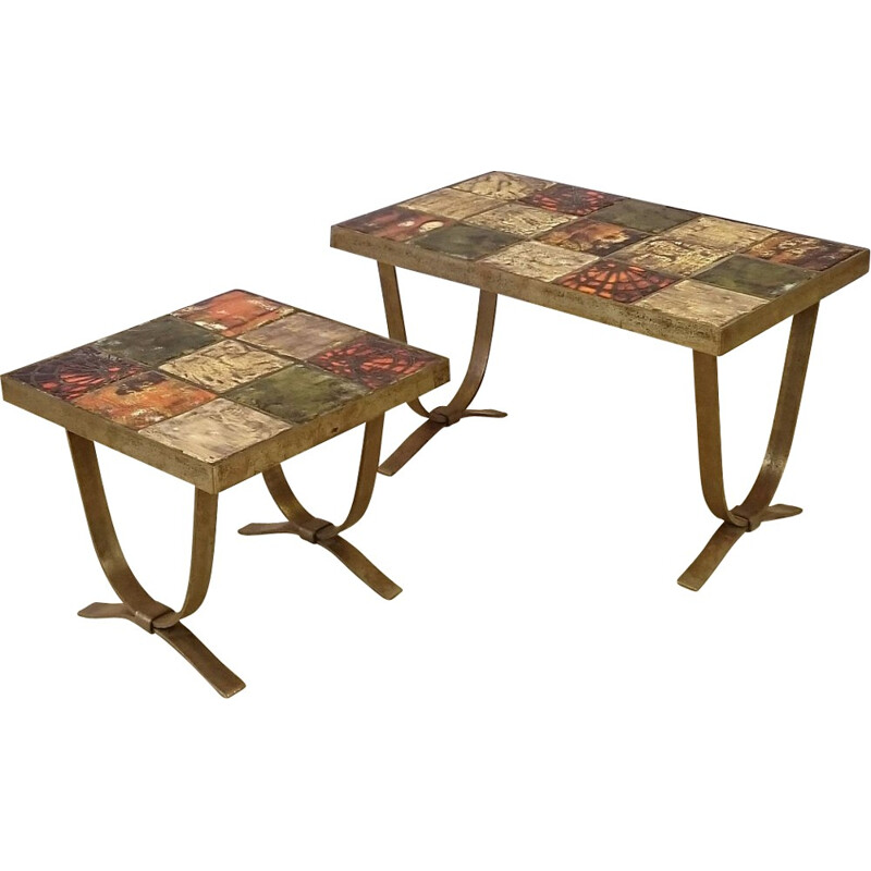 Lot de 2 tables basses gigognes en céramique & acier bronzé -1960
