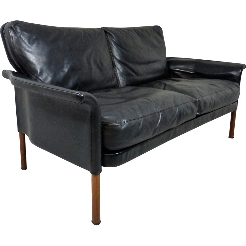 Hans Olsen 2-seater sofa in black leather - 1960s