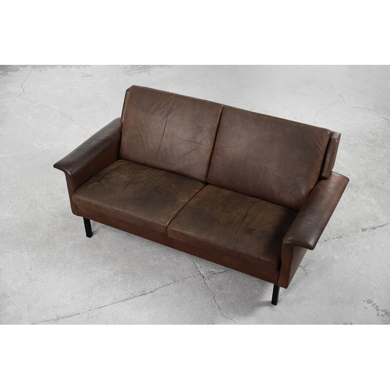 Vintage Scandinavian 2-seater brown leather sofa 3330 by Arne Vodder for Fritz Hansen, 1960s