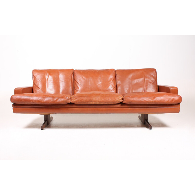 Three-Seater Brown Leather Sofa by Fredrik Kayser for Vatne Møbler - 1970s