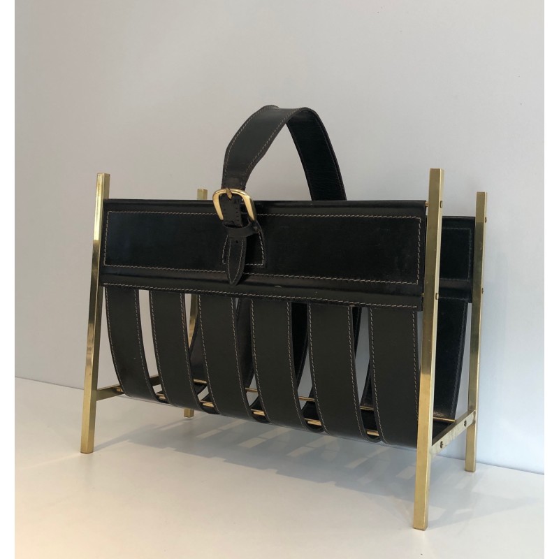 Vintage brass and leather magazine rack by Jacques Adnet, 1940