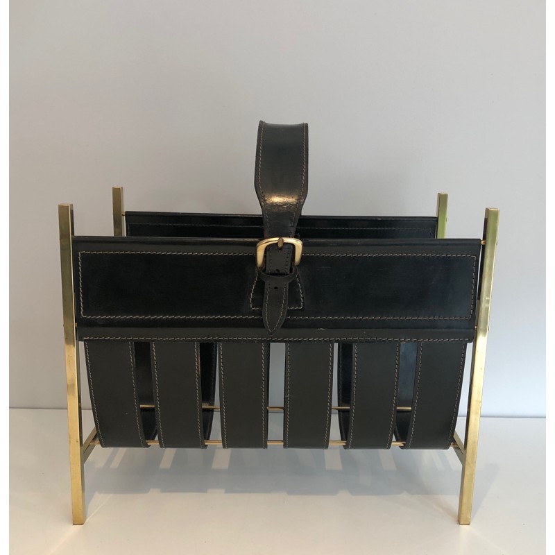 Vintage brass and leather magazine rack by Jacques Adnet, 1940