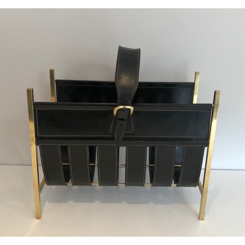 Vintage brass and leather magazine rack by Jacques Adnet, 1940