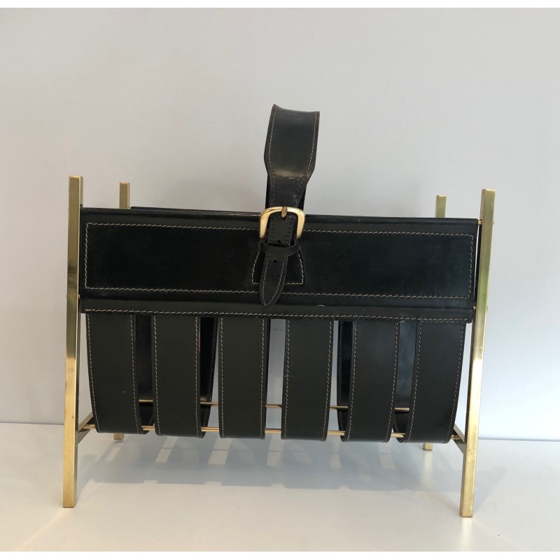 Vintage brass and leather magazine rack by Jacques Adnet, 1940