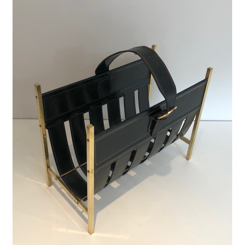 Vintage brass and leather magazine rack by Jacques Adnet, 1940