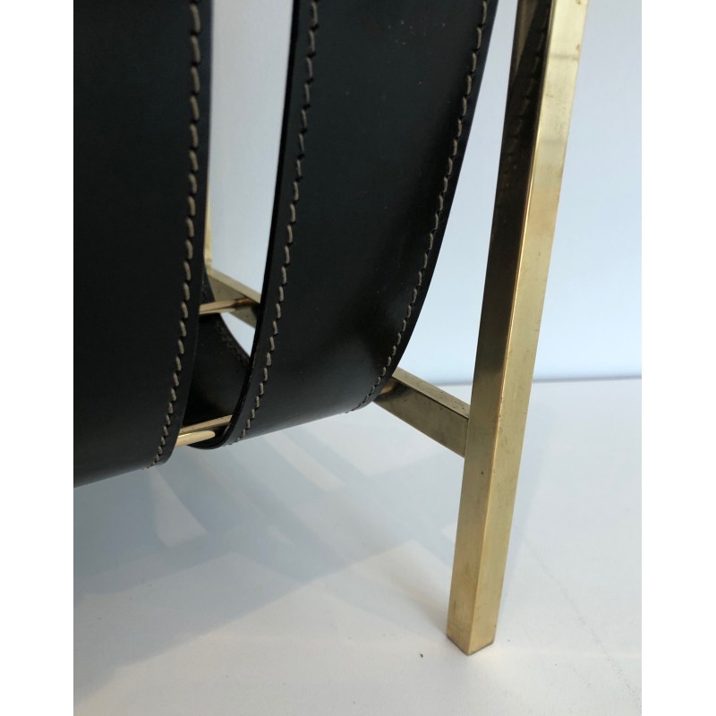 Vintage brass and leather magazine rack by Jacques Adnet, 1940