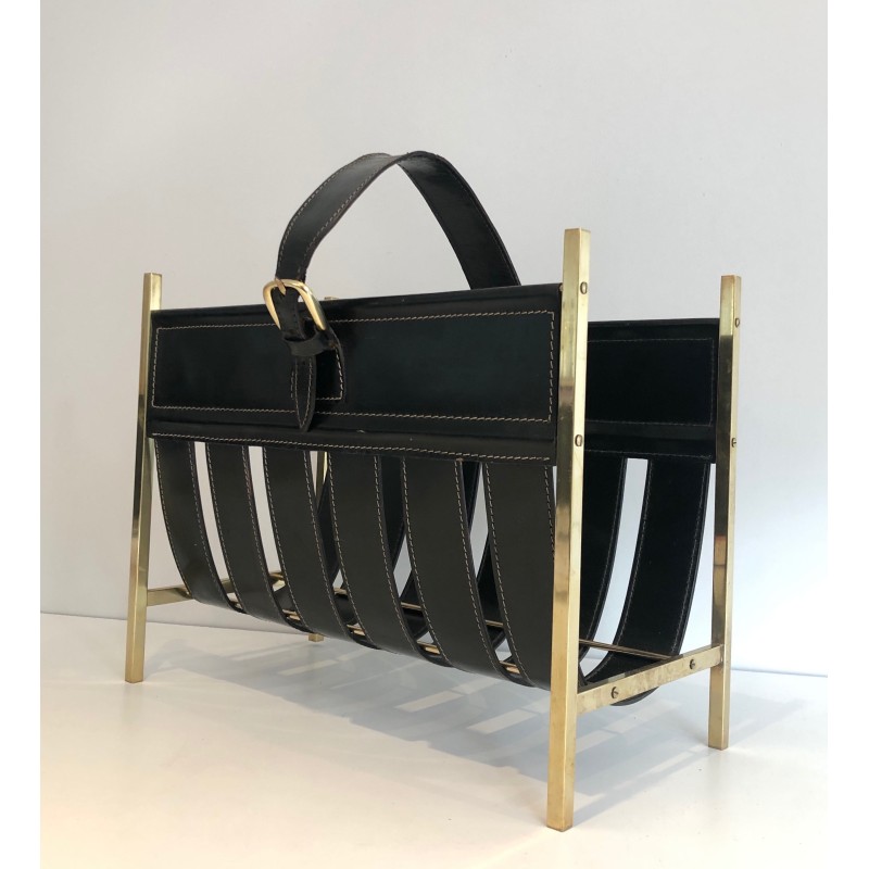 Vintage brass and leather magazine rack by Jacques Adnet, 1940