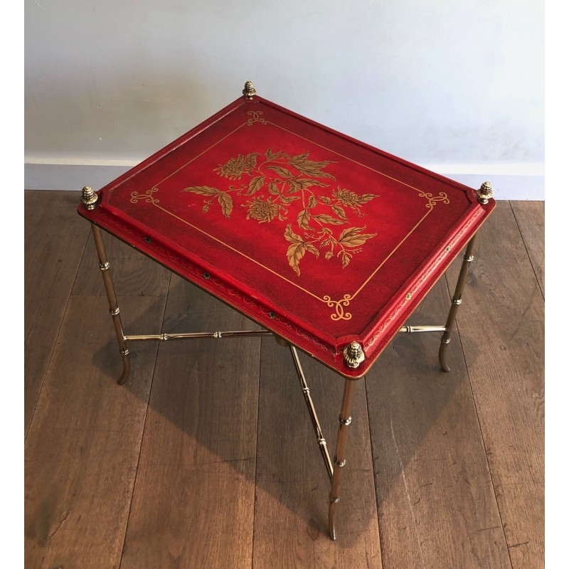 Vintage bronze side table with red lacquered and gilt decor top by Maison Baguès